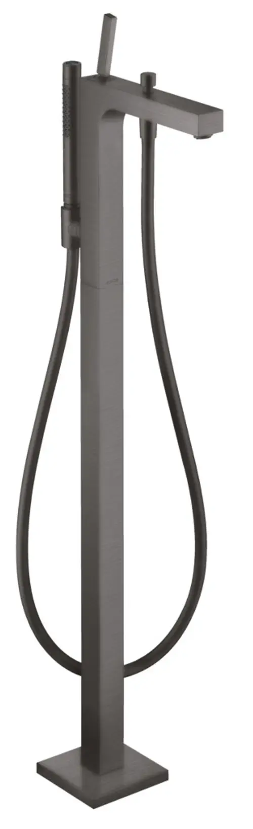Bodenstehender Einhebel-Wannenmischer von AXOR in Brushed Black Chrome, mit einem langem Griff und einem flexiblen Schlauch für vielseitige Anwendungsmöglichkeiten.
